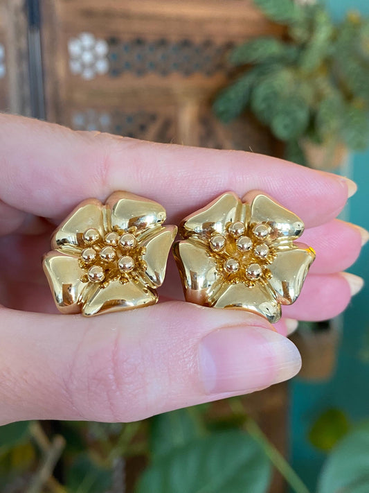 Vintage Solid 18k Yellow Gold Large Flower Drop Earrings