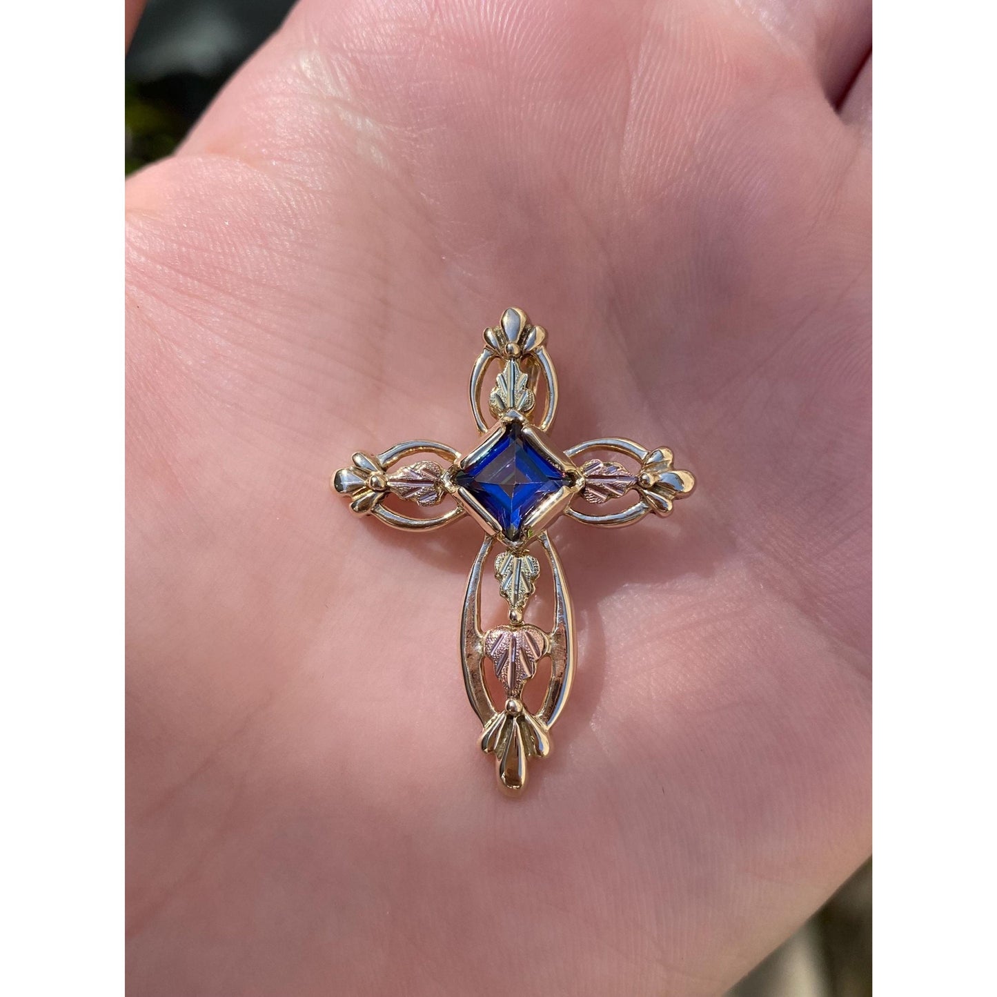 Vintage Solid 10k Rose & Yellow Gold Blue Spinel Cross Slide Charm