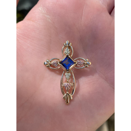 Vintage Solid 10k Rose & Yellow Gold Blue Spinel Cross Slide Charm