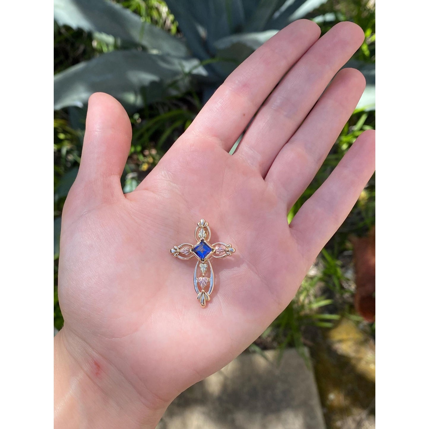 Vintage Solid 10k Rose & Yellow Gold Blue Spinel Cross Slide Charm