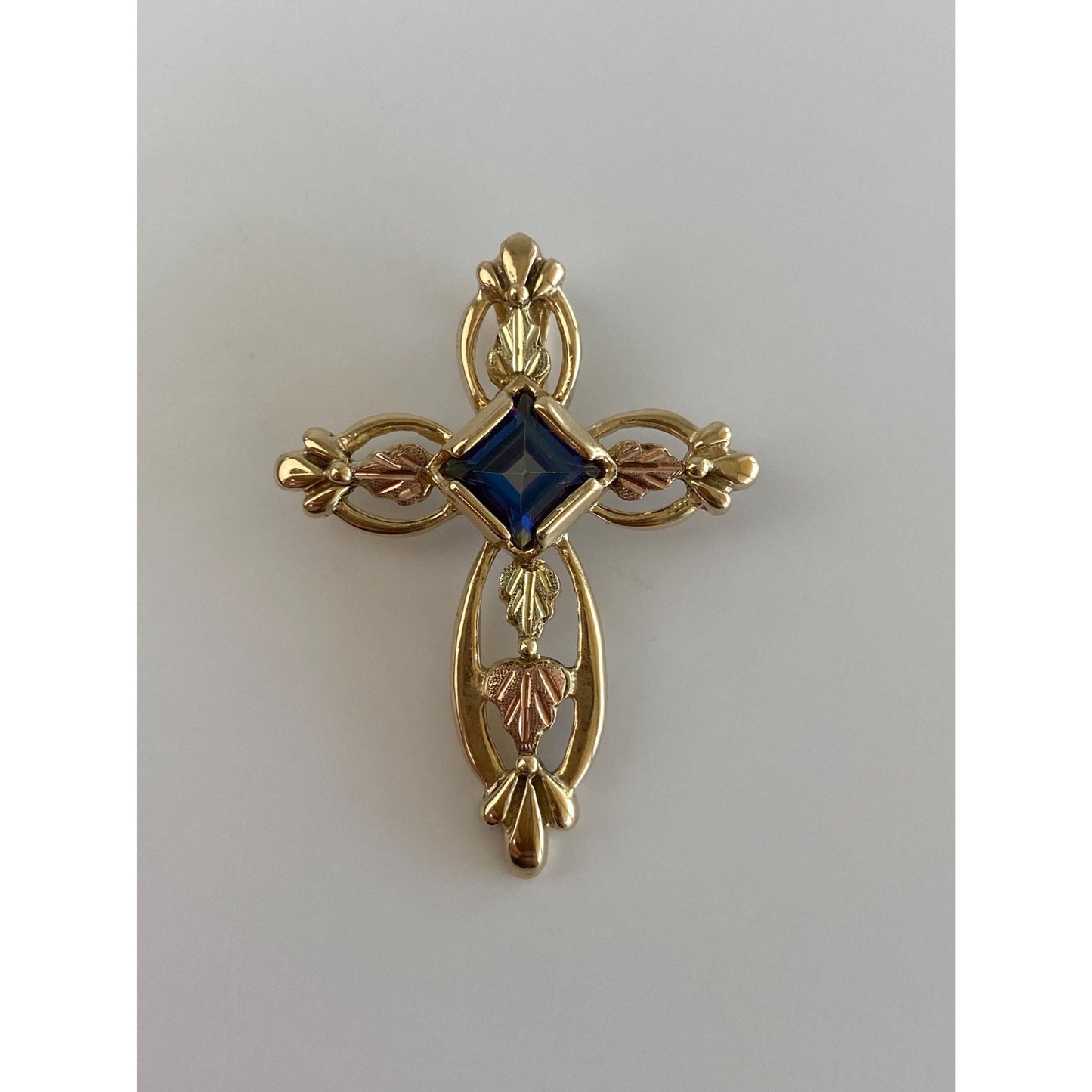 Vintage Solid 10k Rose & Yellow Gold Blue Spinel Cross Slide Charm
