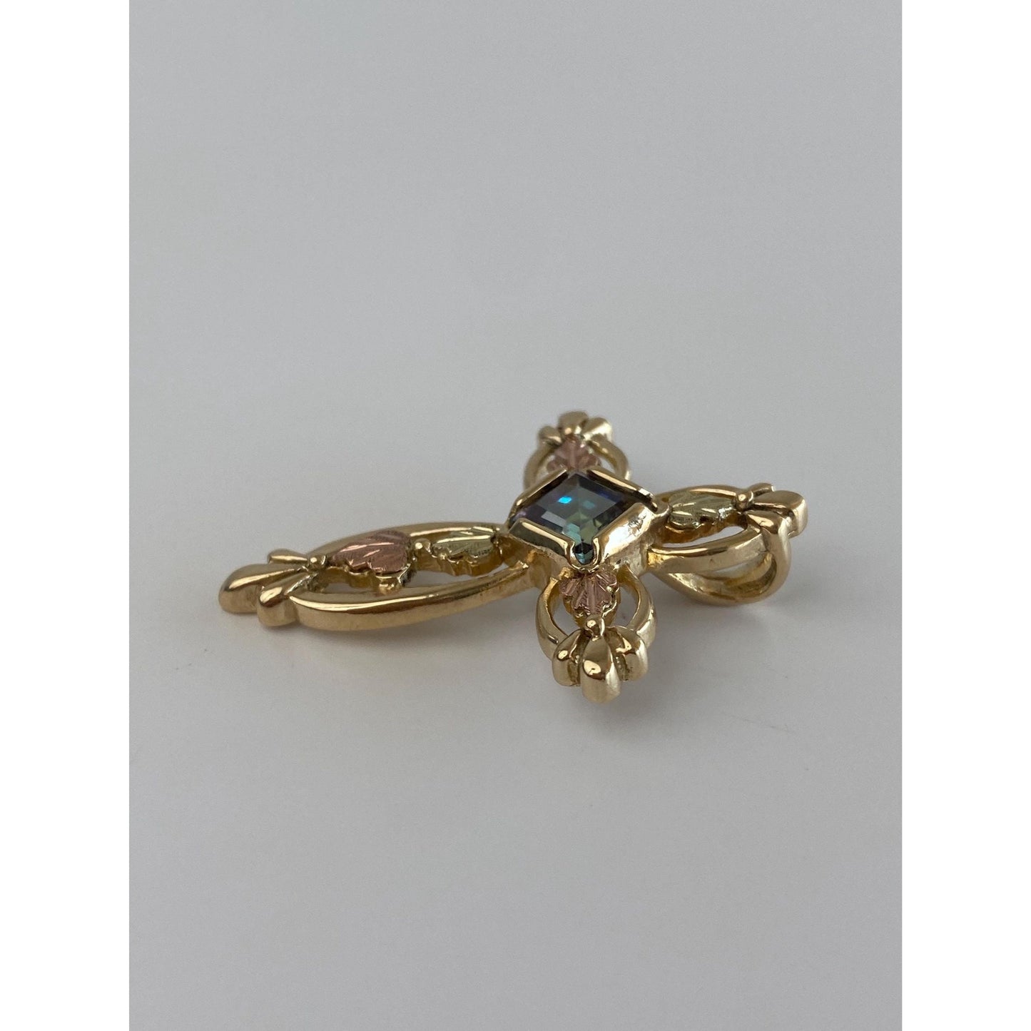 Vintage Solid 10k Rose & Yellow Gold Blue Spinel Cross Slide Charm