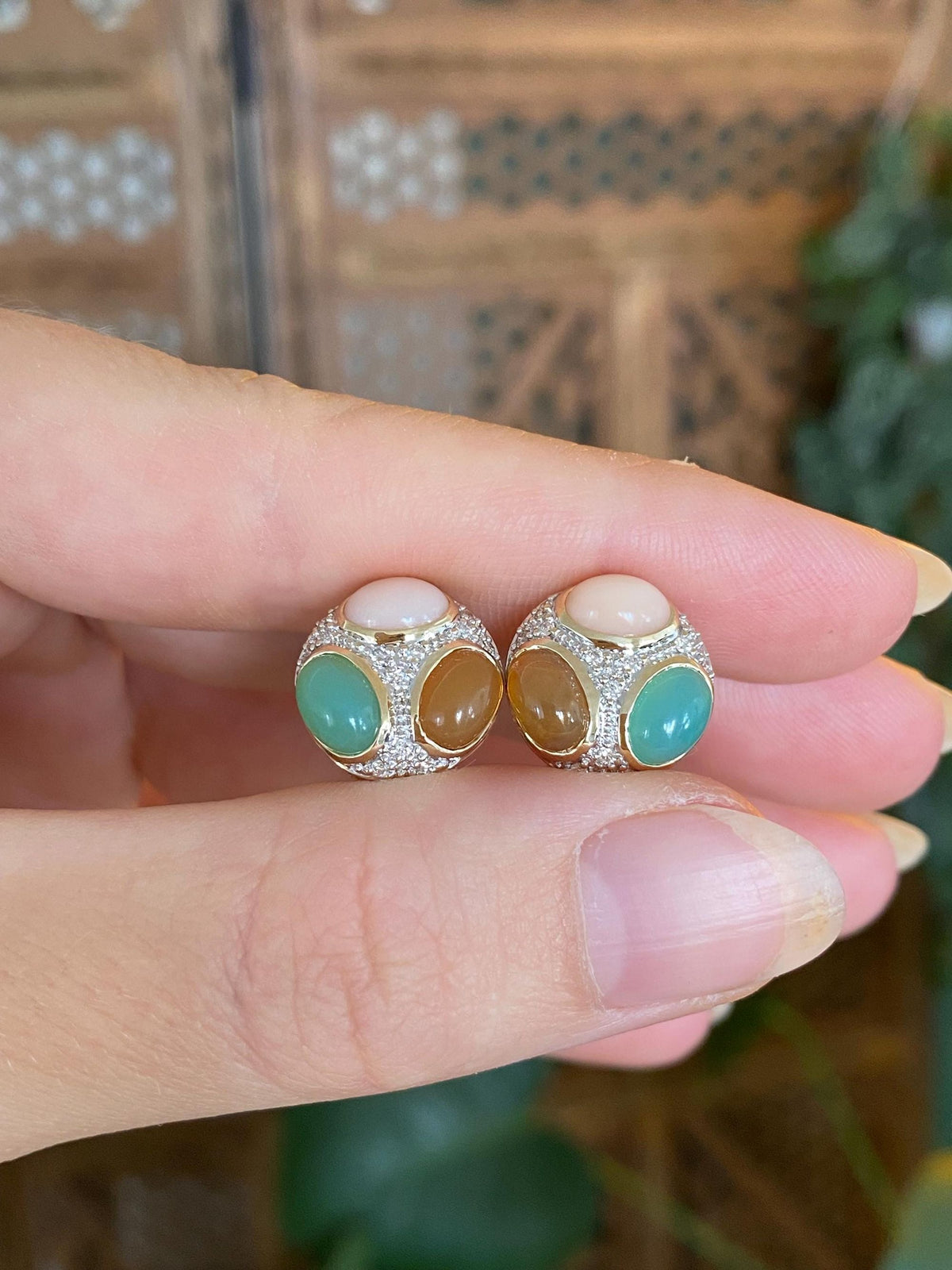 Vintage Solid 14k White & Yellow Gold Opal Cabochons and Diamond Stud Earrings