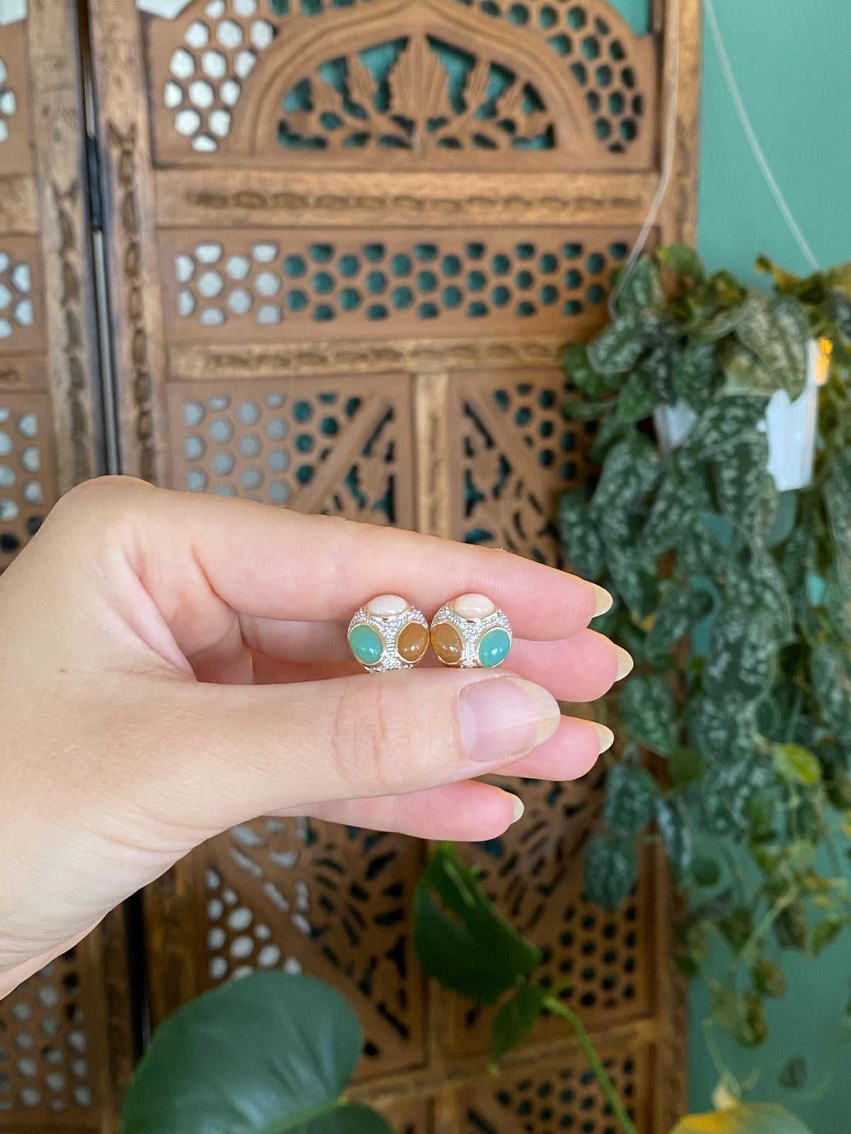 Vintage Solid 14k White & Yellow Gold Opal Cabochons and Diamond Stud Earrings