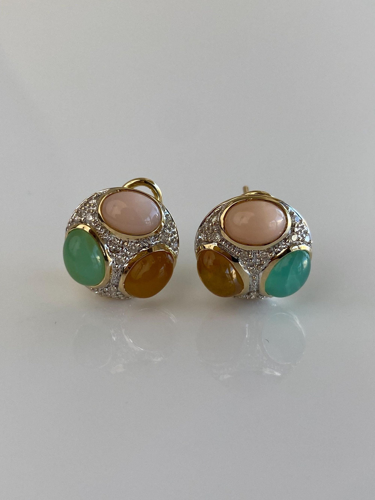 Vintage Solid 14k White & Yellow Gold Opal Cabochons and Diamond Stud Earrings