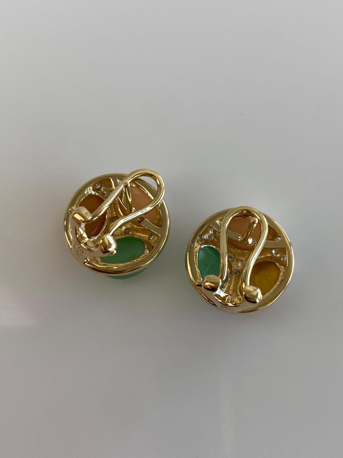 Vintage Solid 14k White & Yellow Gold Opal Cabochons and Diamond Stud Earrings