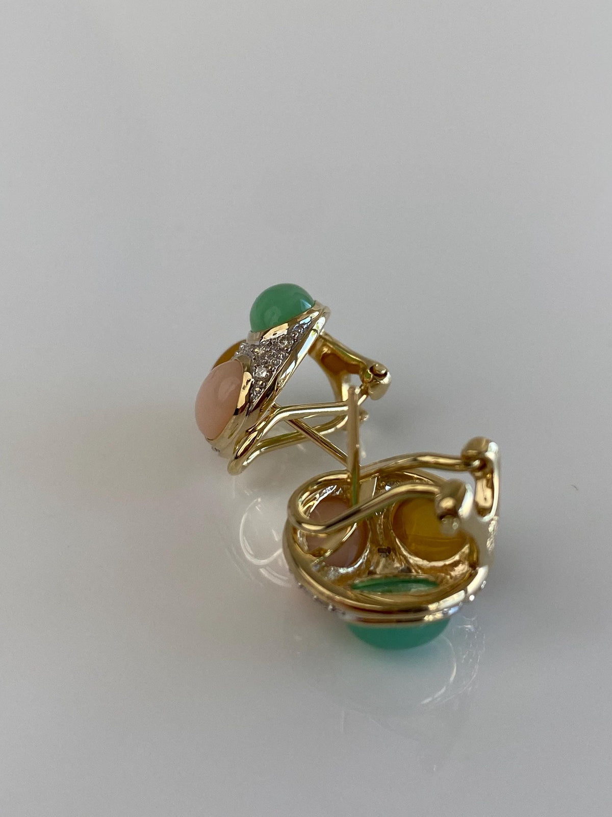 Vintage Solid 14k White & Yellow Gold Opal Cabochons and Diamond Stud Earrings