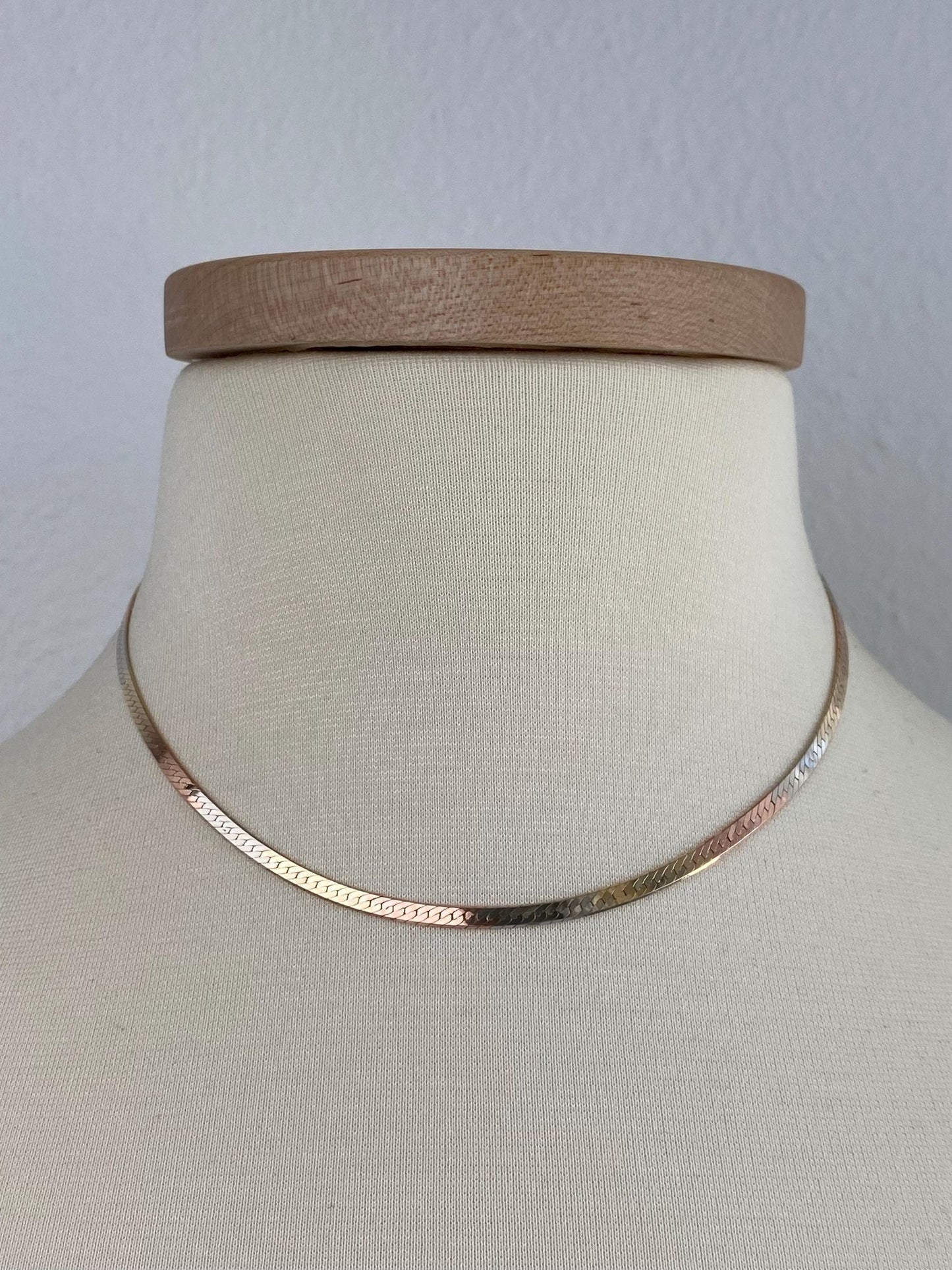 Vintage Solid 14k Tri Tone Gold Herringbone Chain Necklace - 16 inches