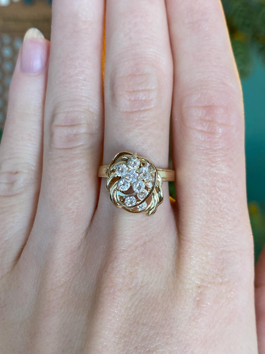 Vintage Solid 14k Yellow Gold Clear Cubic Zirconia Spinner Fidget Ring - Size 7.25