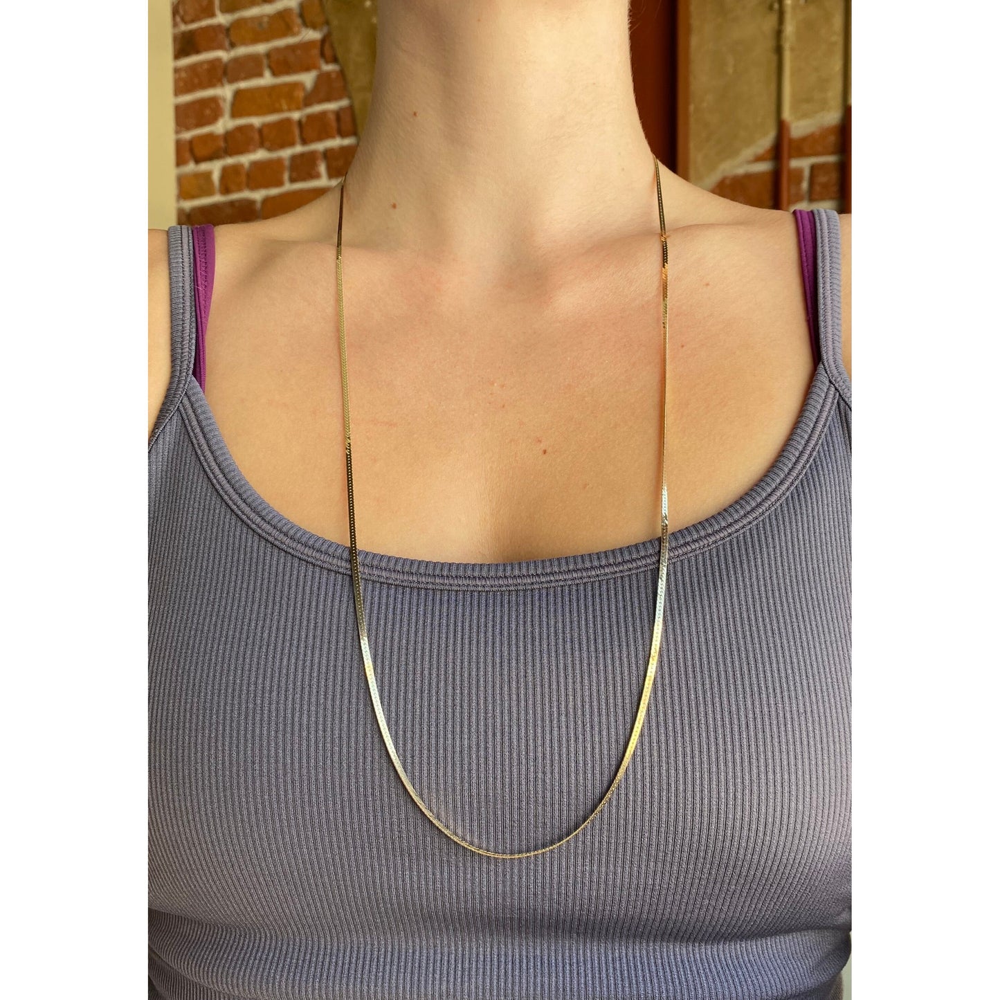 Vintage Solid 14k Yellow Gold Long Thin Herringbone Chain Necklace - 30.25 inches