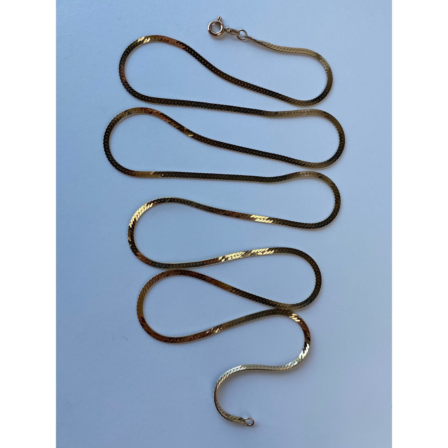 Vintage Solid 14k Yellow Gold Long Thin Herringbone Chain Necklace - 30.25 inches