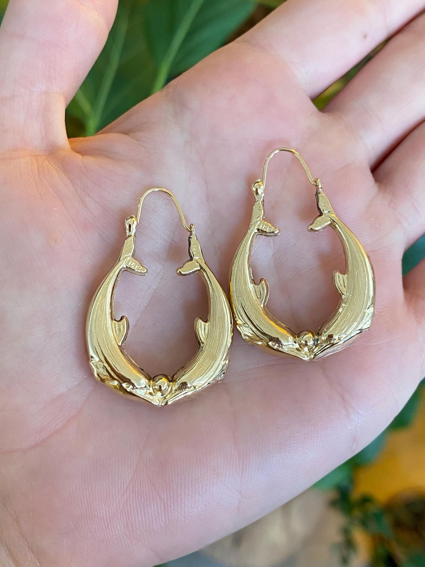 Vintage 14k Yellow Gold Dolphin Hoop Earrings