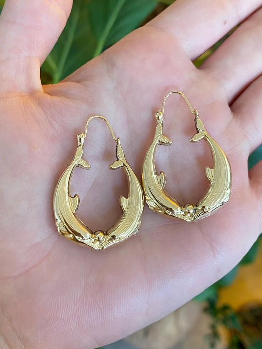 Vintage 14k Yellow Gold Dolphin Hoop Earrings