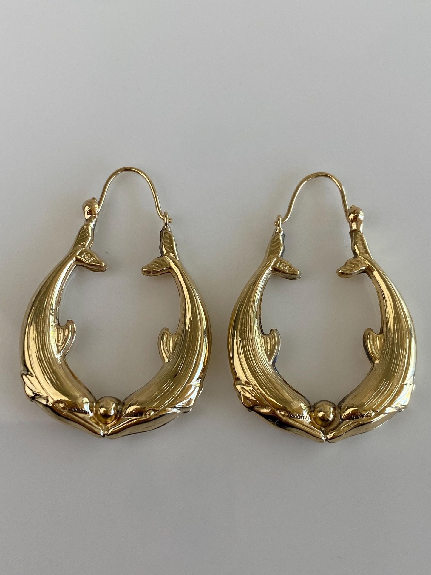 Vintage 14k Yellow Gold Dolphin Hoop Earrings