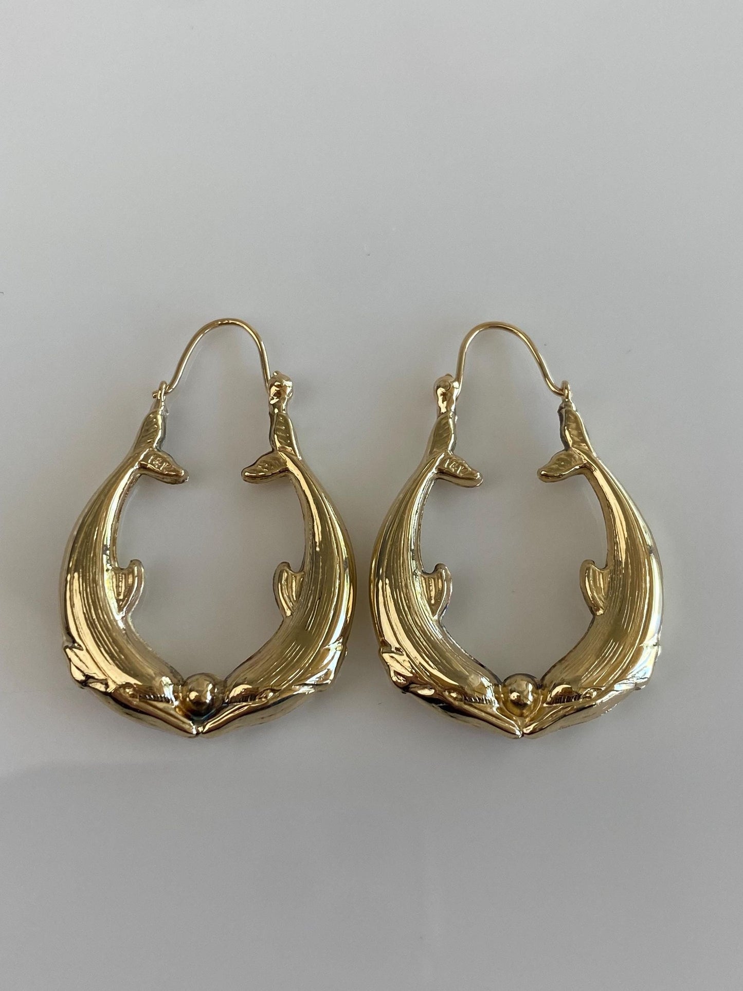 Vintage 14k Yellow Gold Dolphin Hoop Earrings