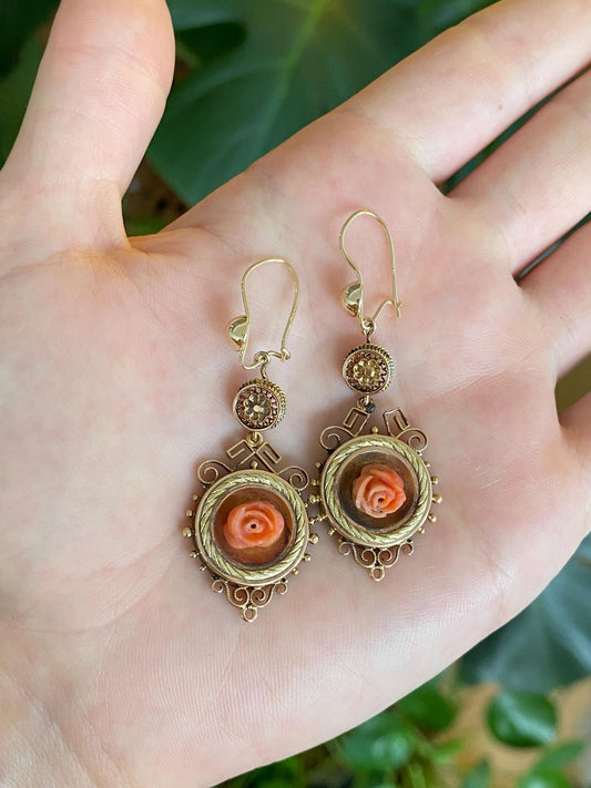 Vintage Solid 18k Yellow Gold Carved Coral Rose Filigree Dangle Earrings