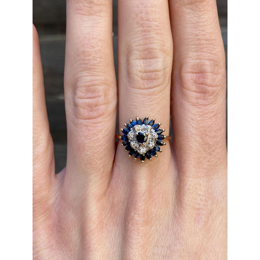 Vintage Solid 14k Yellow Gold Sapphire Diamond Halo Ring - Size 6