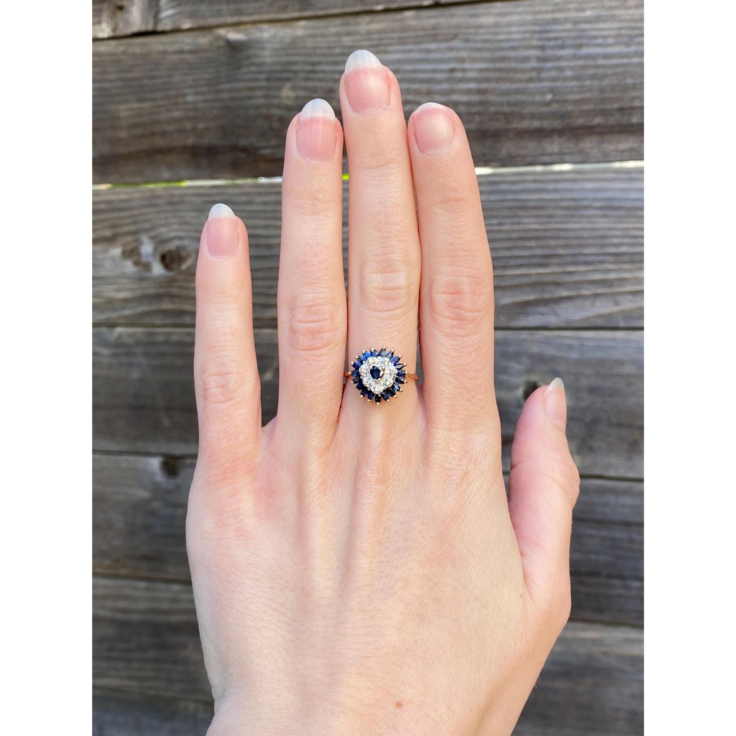 Vintage Solid 14k Yellow Gold Sapphire Diamond Halo Ring - Size 6