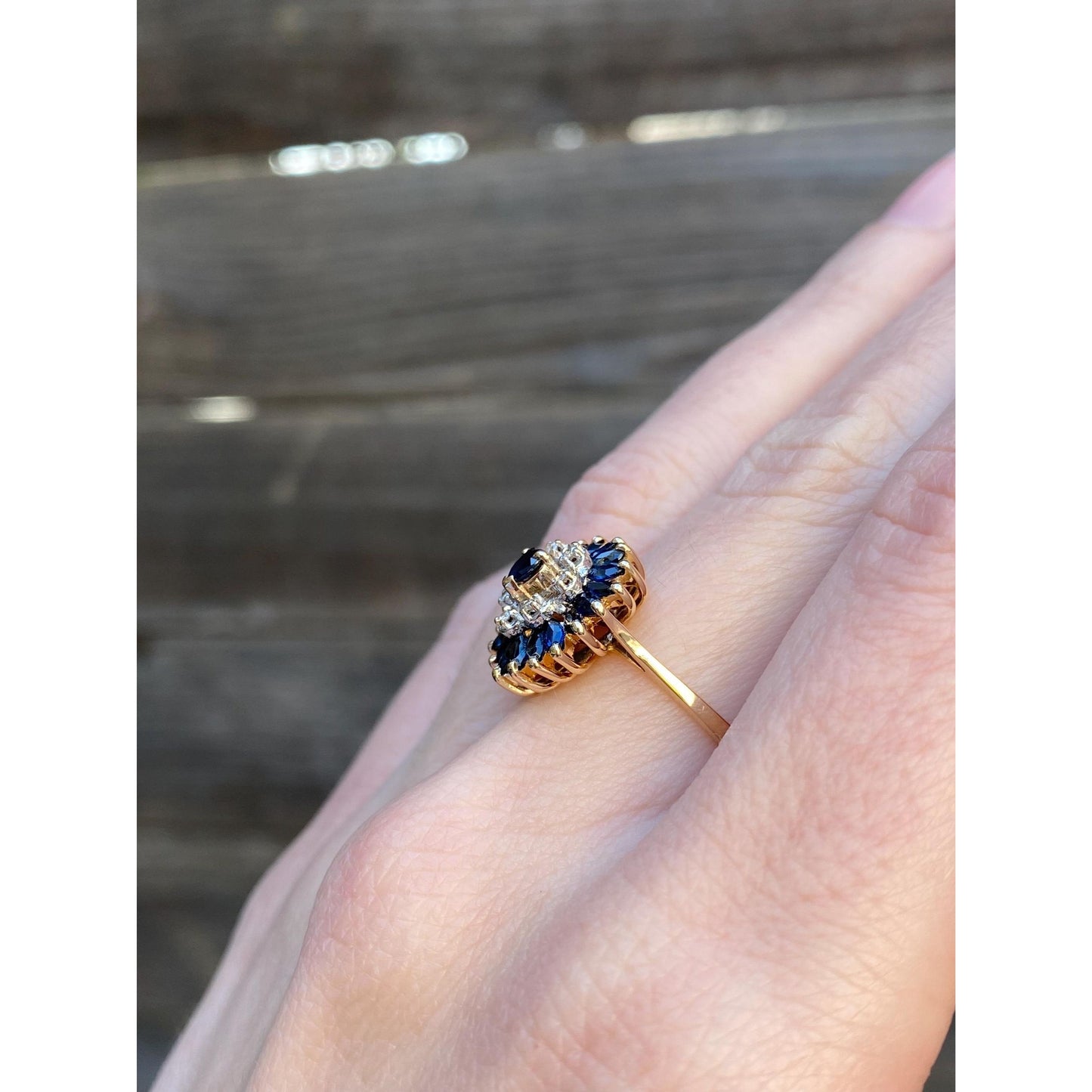 Vintage Solid 14k Yellow Gold Sapphire Diamond Halo Ring - Size 6