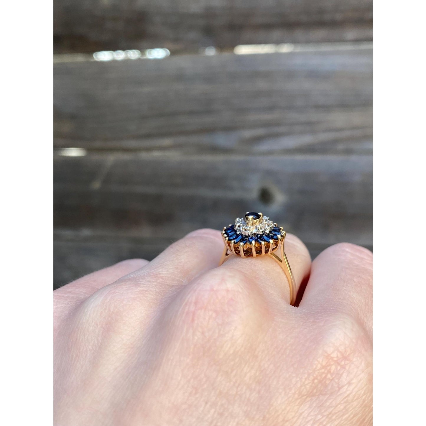 Vintage Solid 14k Yellow Gold Sapphire Diamond Halo Ring - Size 6