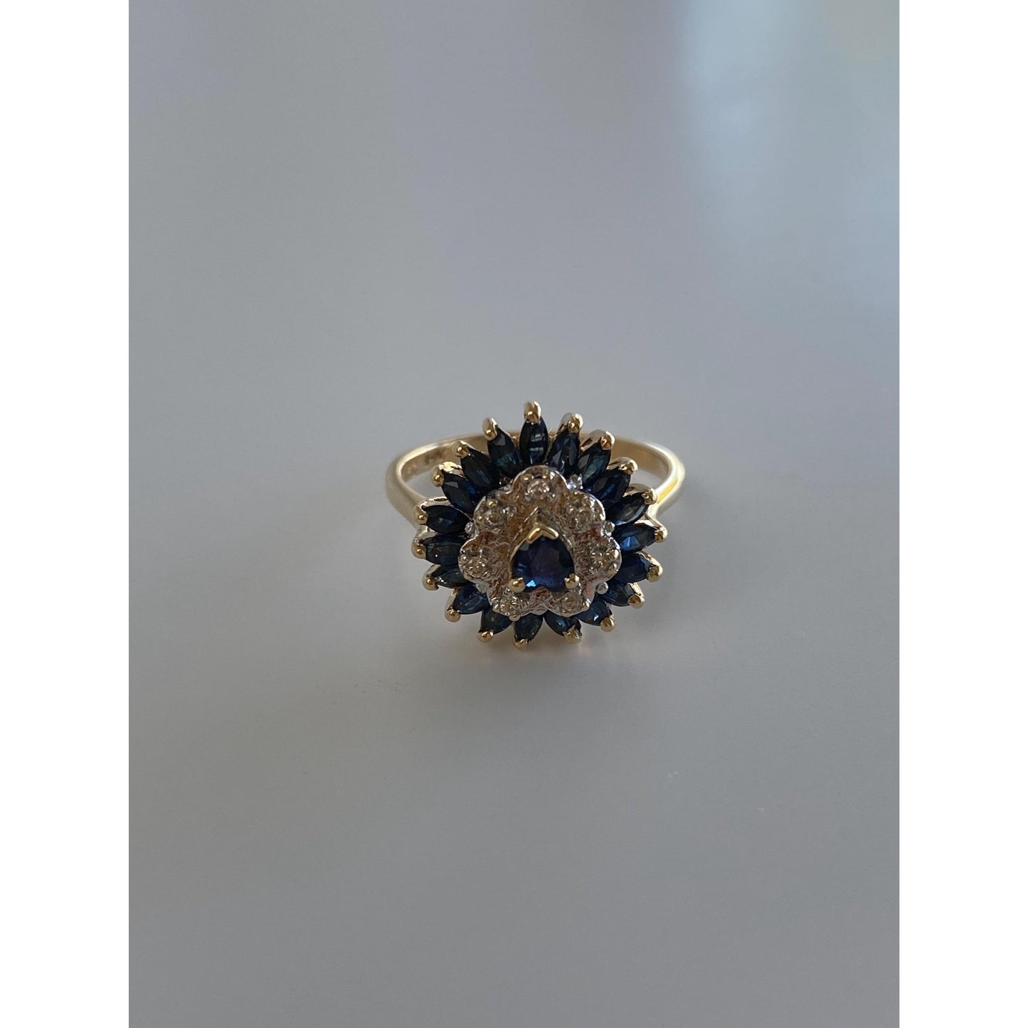 Vintage Solid 14k Yellow Gold Sapphire Diamond Halo Ring - Size 6