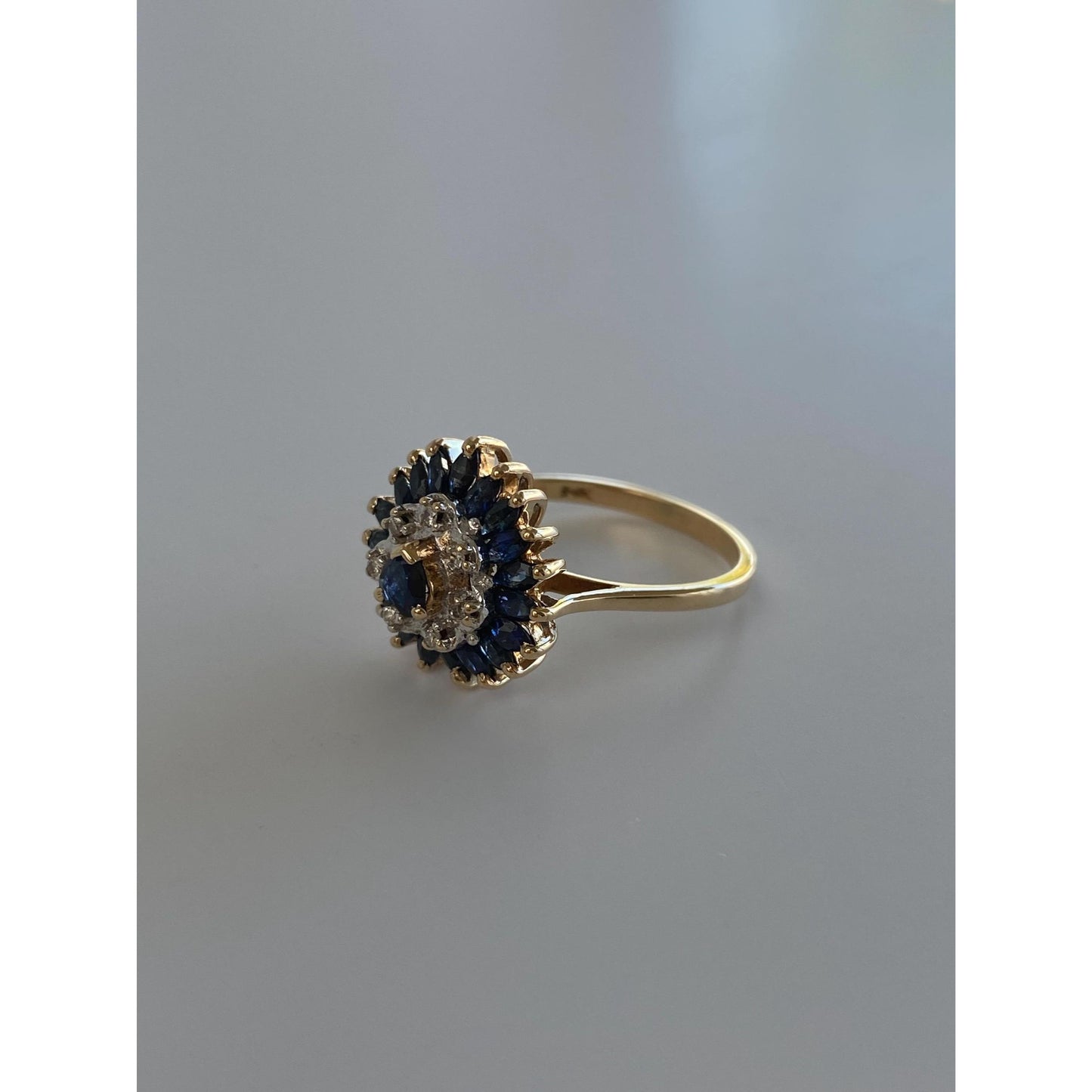Vintage Solid 14k Yellow Gold Sapphire Diamond Halo Ring - Size 6