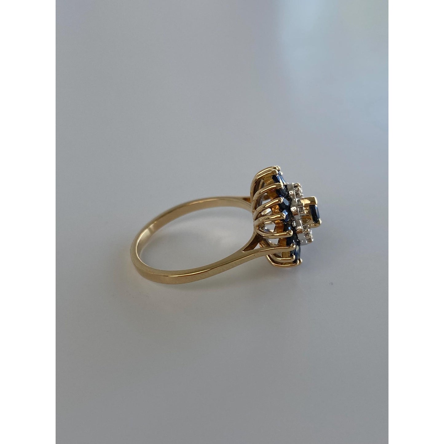 Vintage Solid 14k Yellow Gold Sapphire Diamond Halo Ring - Size 6