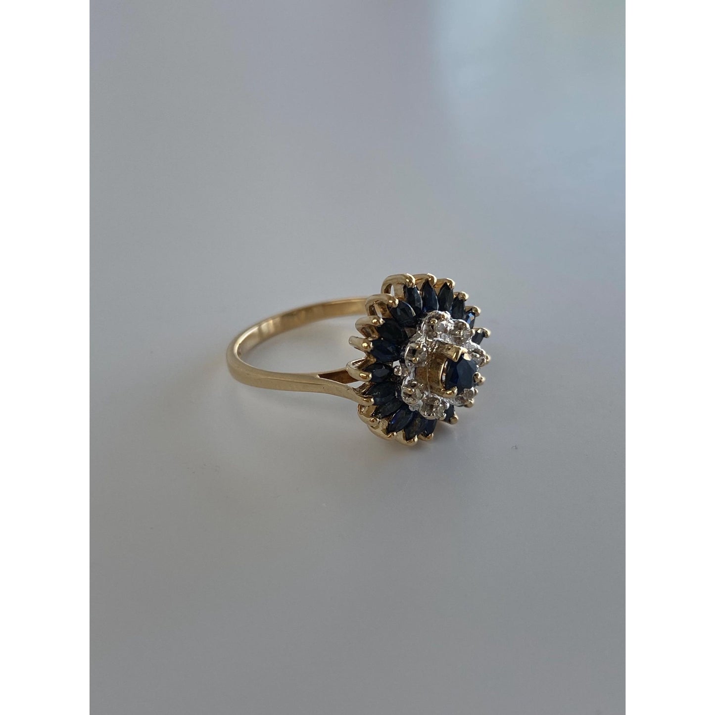 Vintage Solid 14k Yellow Gold Sapphire Diamond Halo Ring - Size 6