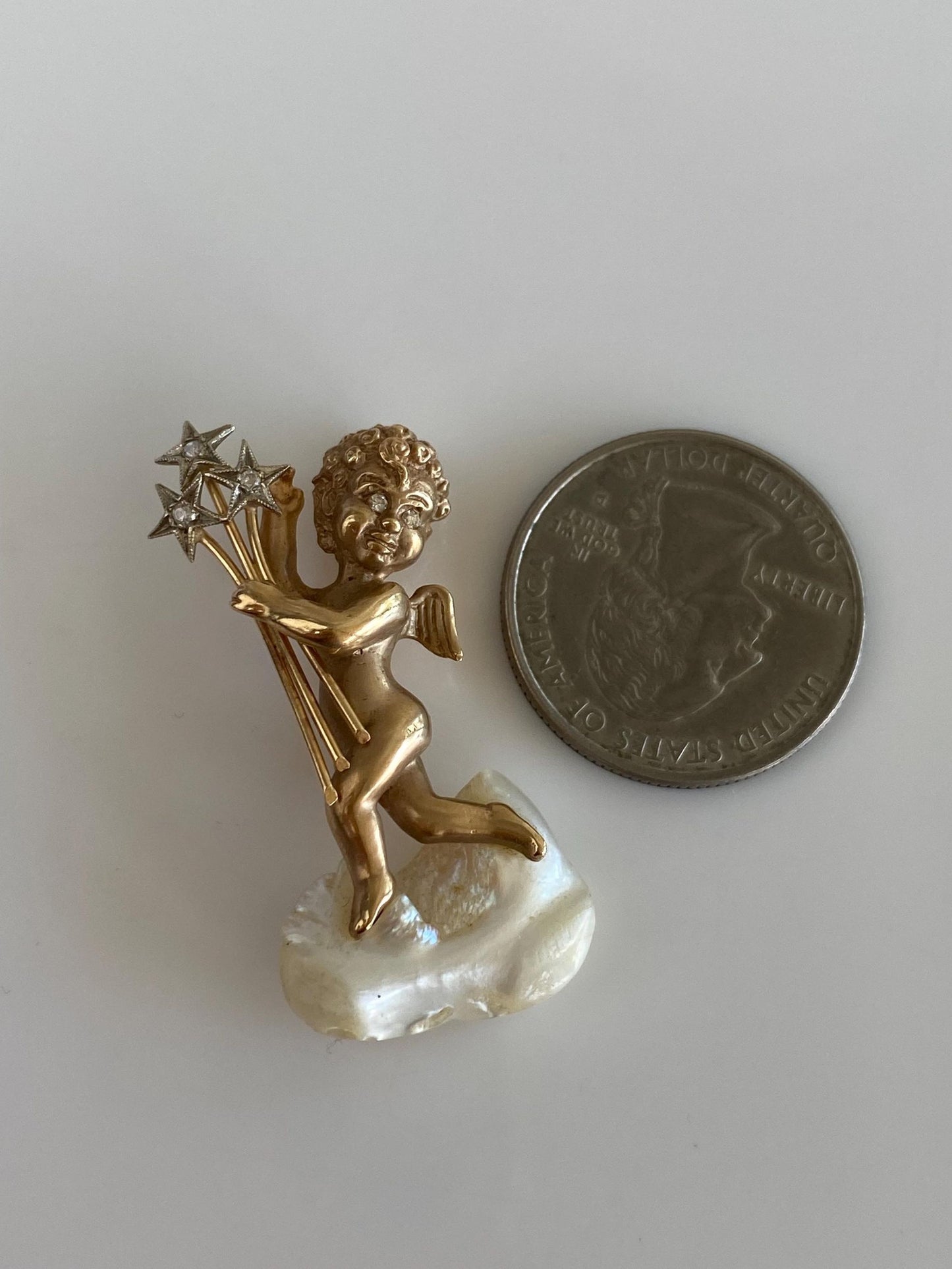 Vintage Solid 14k Yellow Gold Diamonds Freeform Pearl Cherub Brooch Pin