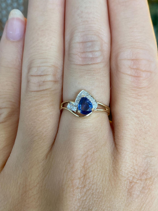 Vintage Solid 14k White & Yellow Gold Diamond Sapphire Ring - Size 6