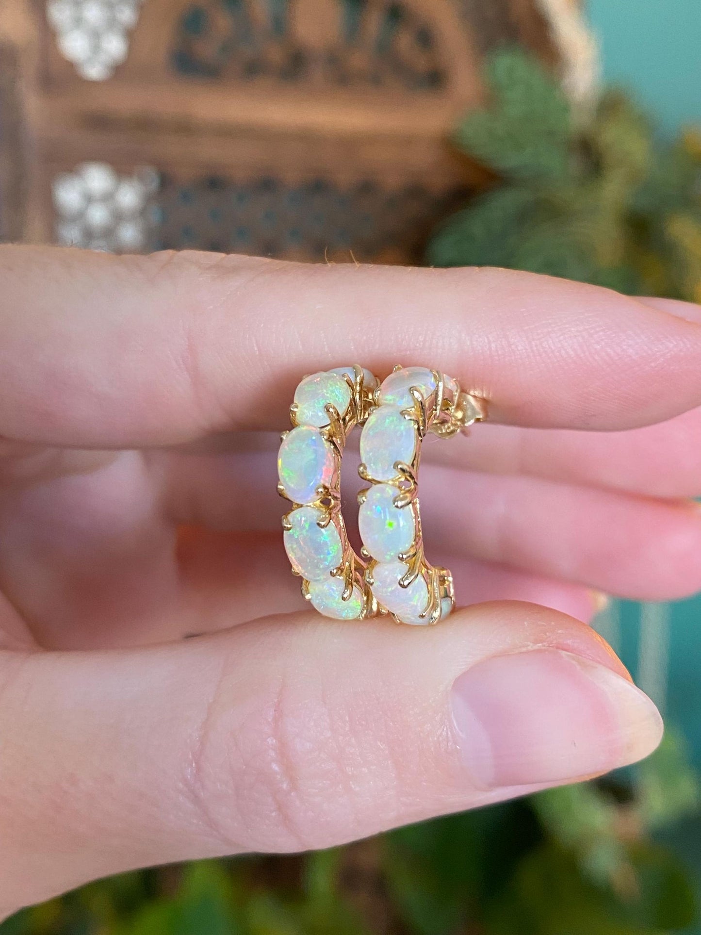 Vintage Solid 14k Yellow Gold Opal Hoop Earrings