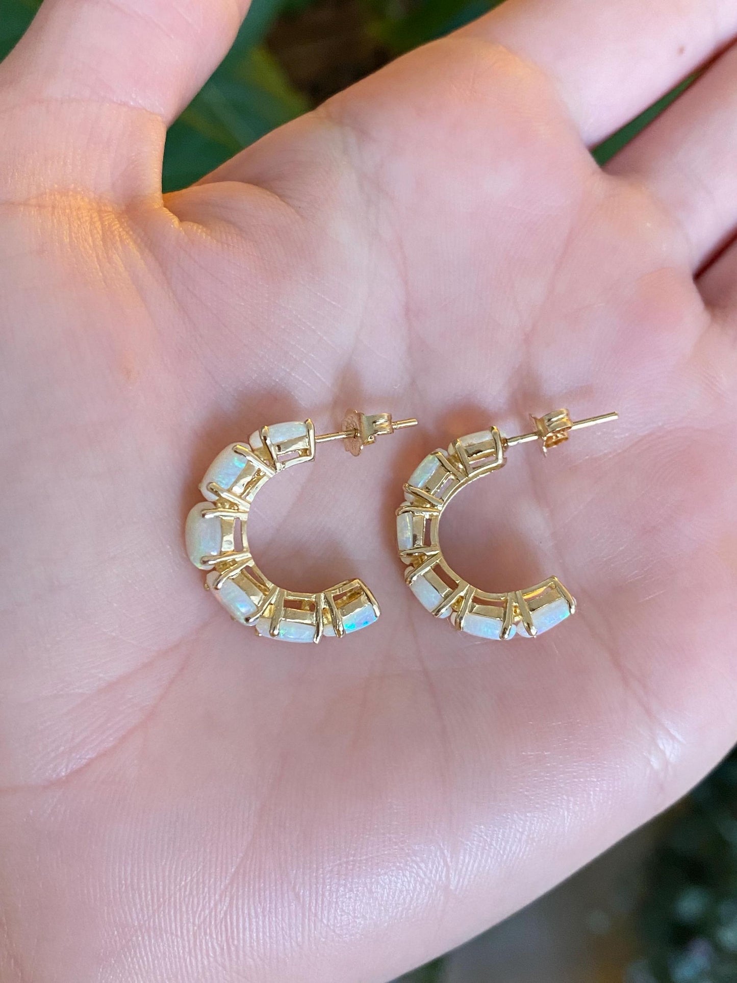 Vintage Solid 14k Yellow Gold Opal Hoop Earrings