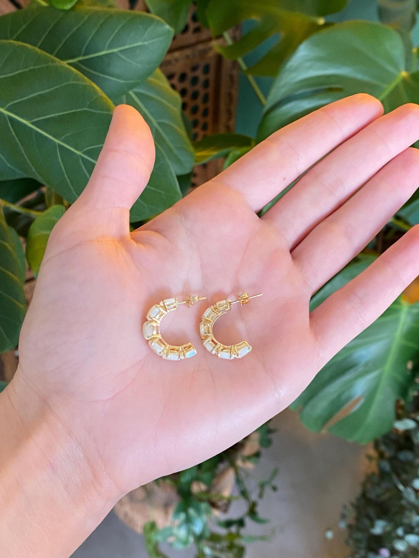 Vintage Solid 14k Yellow Gold Opal Hoop Earrings