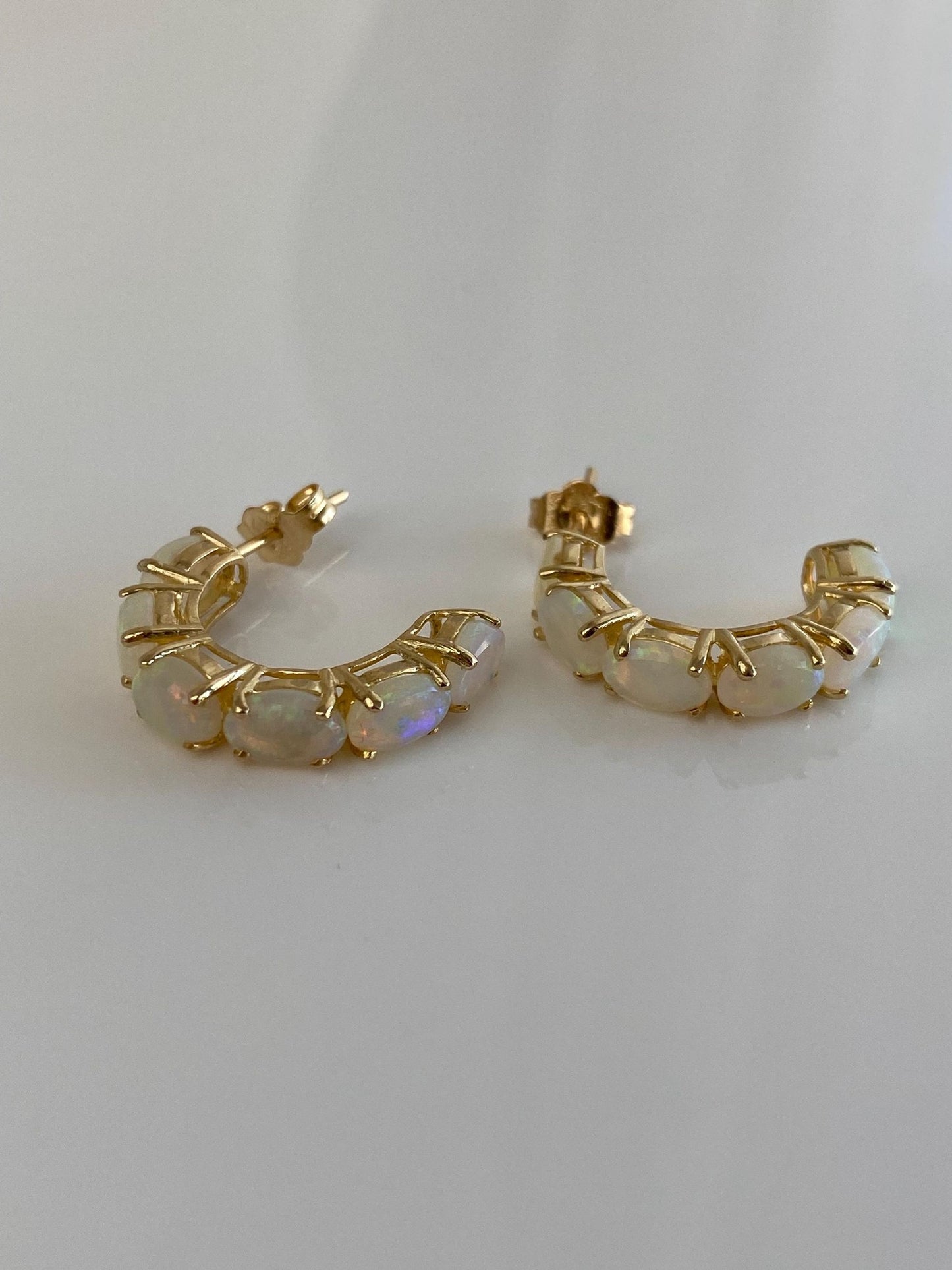 Vintage Solid 14k Yellow Gold Opal Hoop Earrings