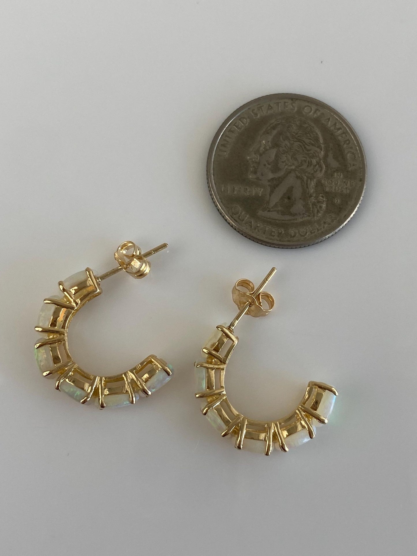 Vintage Solid 14k Yellow Gold Opal Hoop Earrings