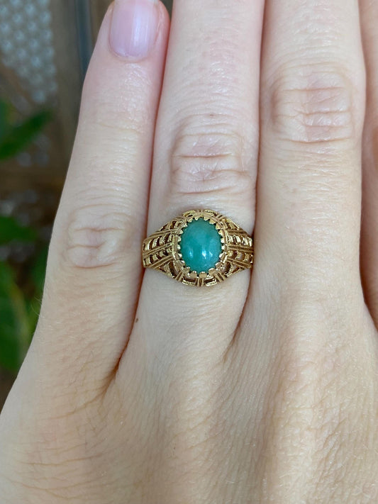 Vintage Solid 18k Yellow Gold Jade Open Work Ring - Size 5.25