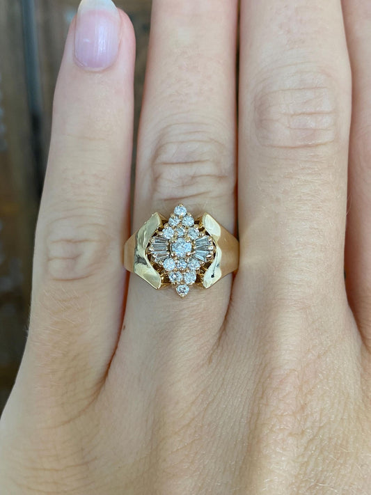 Vintage Solid 14k Yellow Gold Round & Baguette Diamond Cluster Ring - Size 6