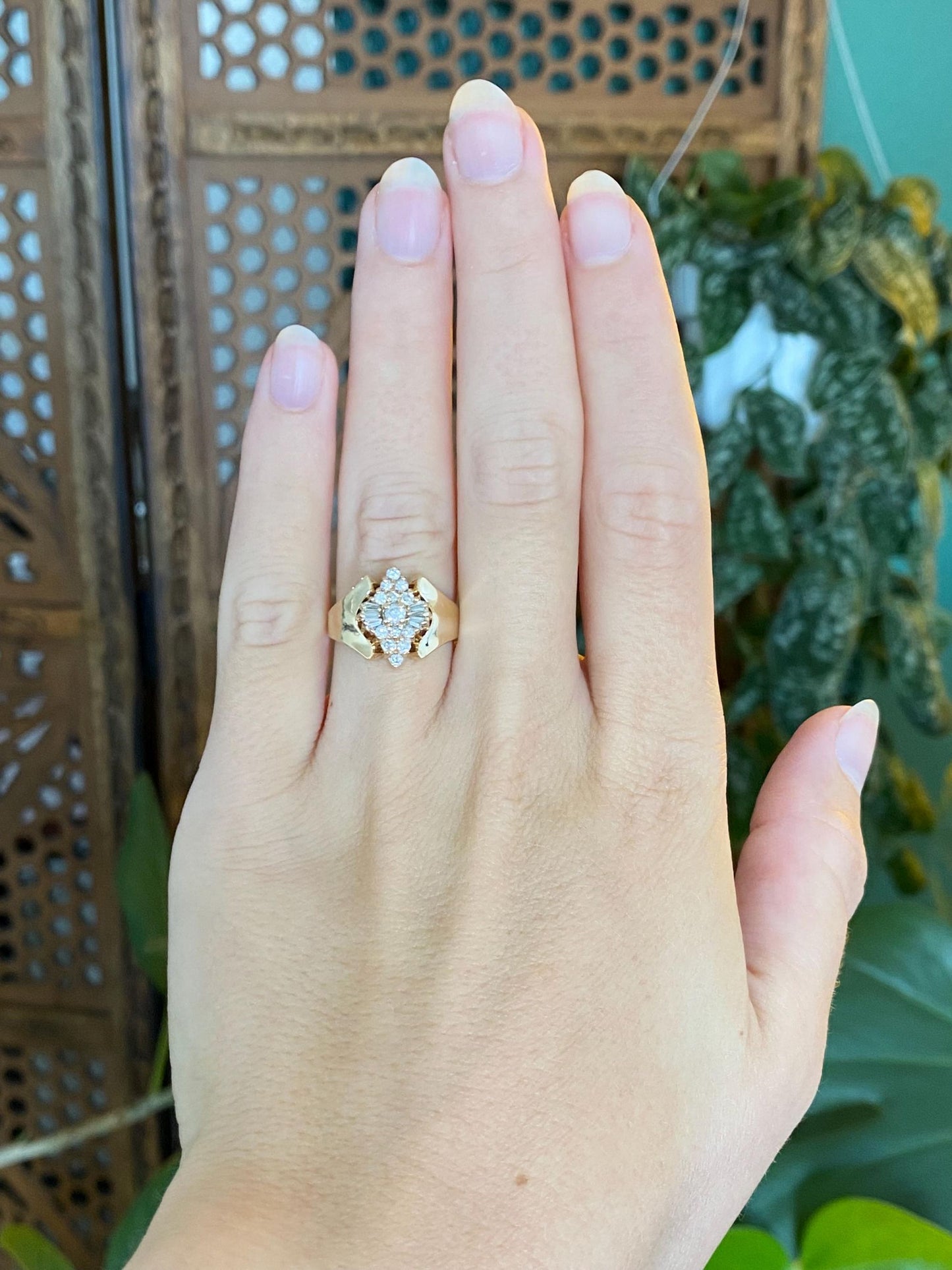 Vintage Solid 14k Yellow Gold Round & Baguette Diamond Cluster Ring - Size 6