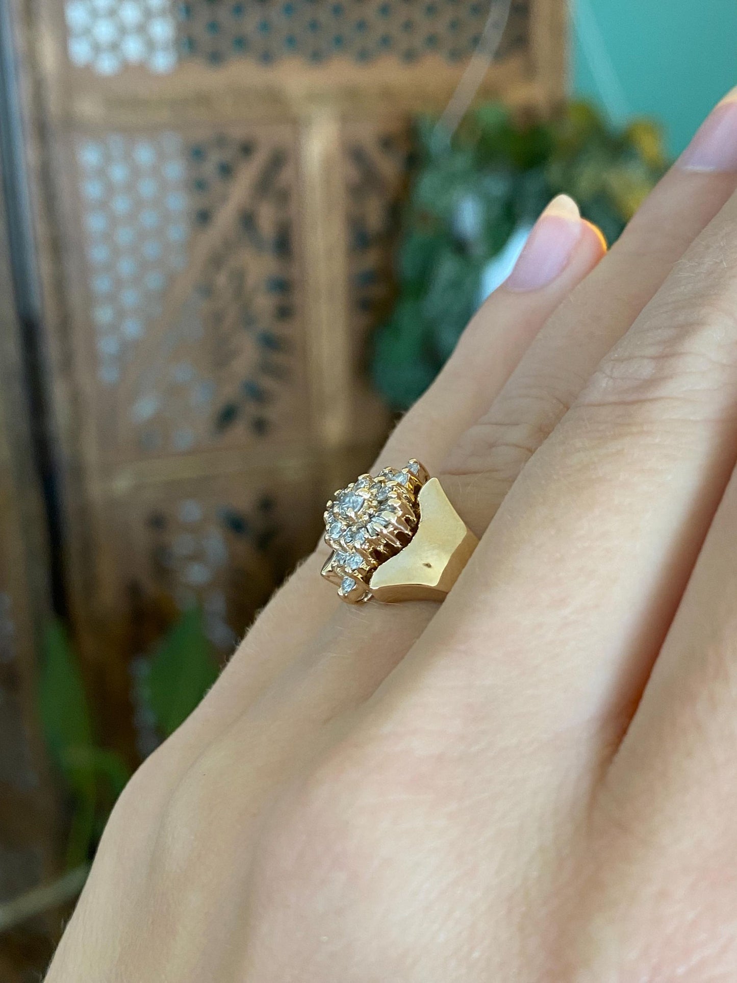 Vintage Solid 14k Yellow Gold Round & Baguette Diamond Cluster Ring - Size 6