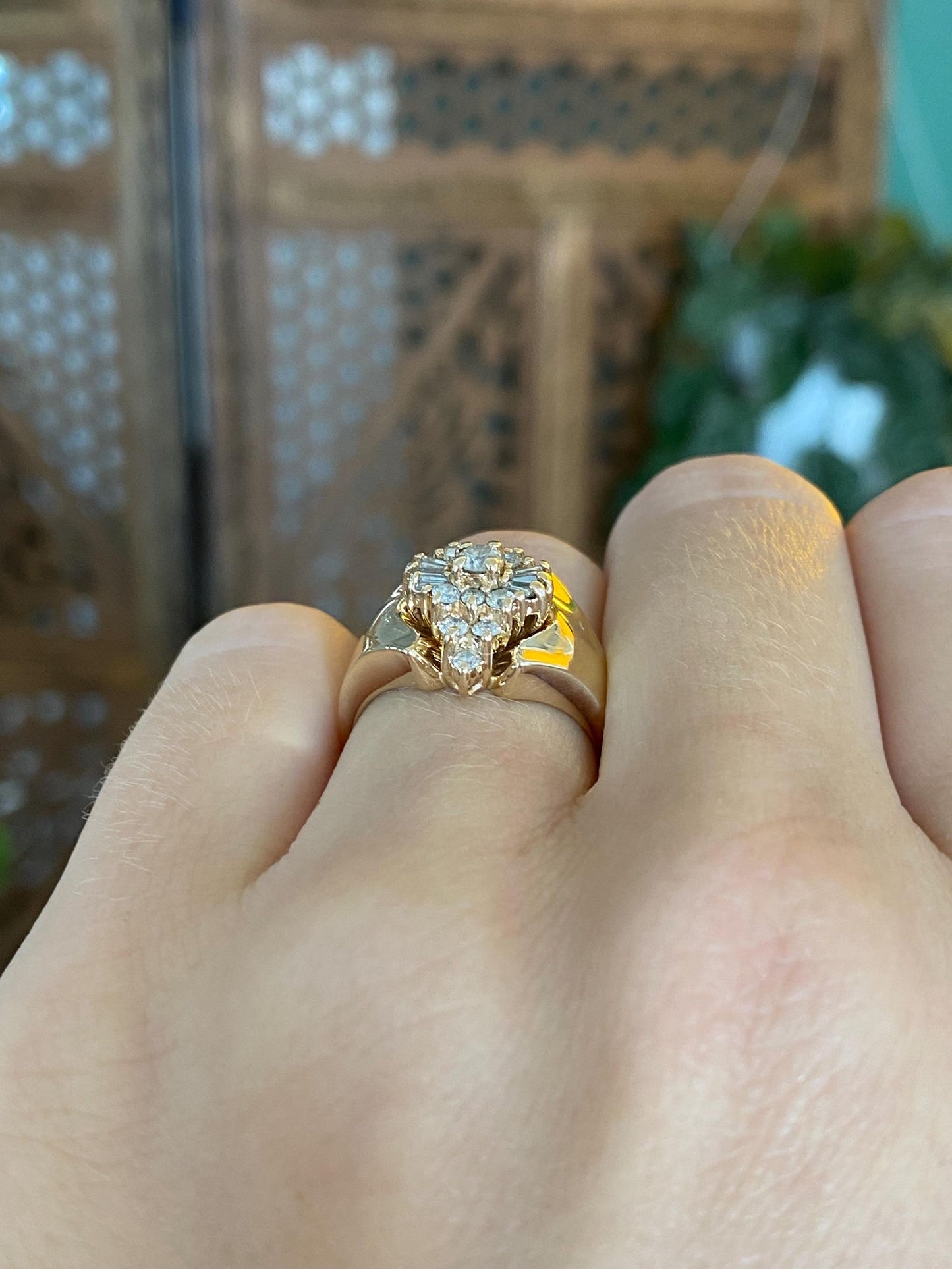 Vintage Solid 14k Yellow Gold Round & Baguette Diamond Cluster Ring - Size 6