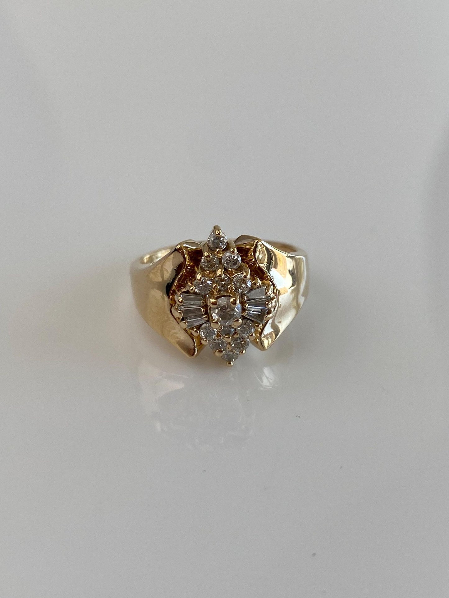 Vintage Solid 14k Yellow Gold Round & Baguette Diamond Cluster Ring - Size 6