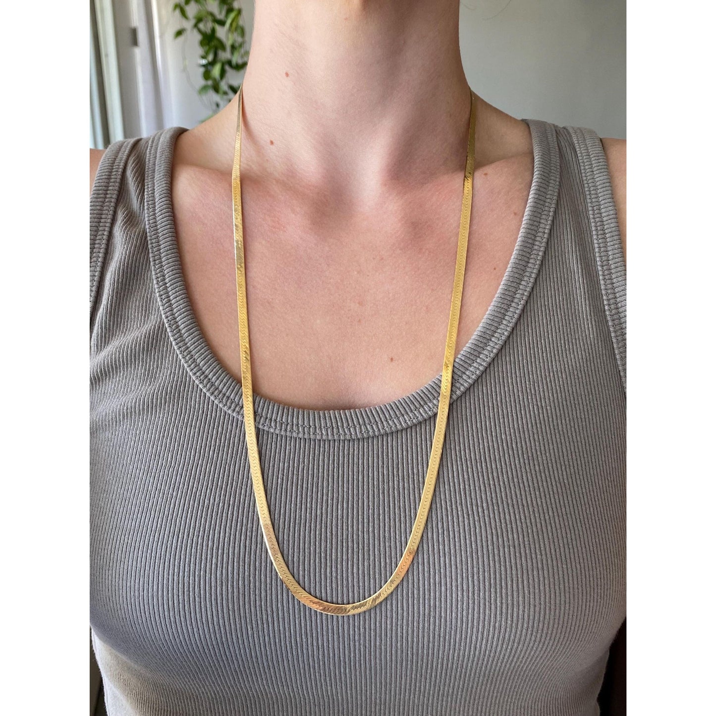 Vintage Solid 14k Yellow Gold Long Herringbone Chain Necklace - 28 inches
