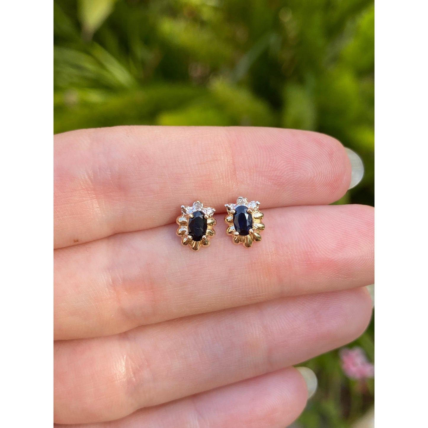 Vintage Solid 10k Yellow Gold Diamond Black Sapphire Stud Earrings
