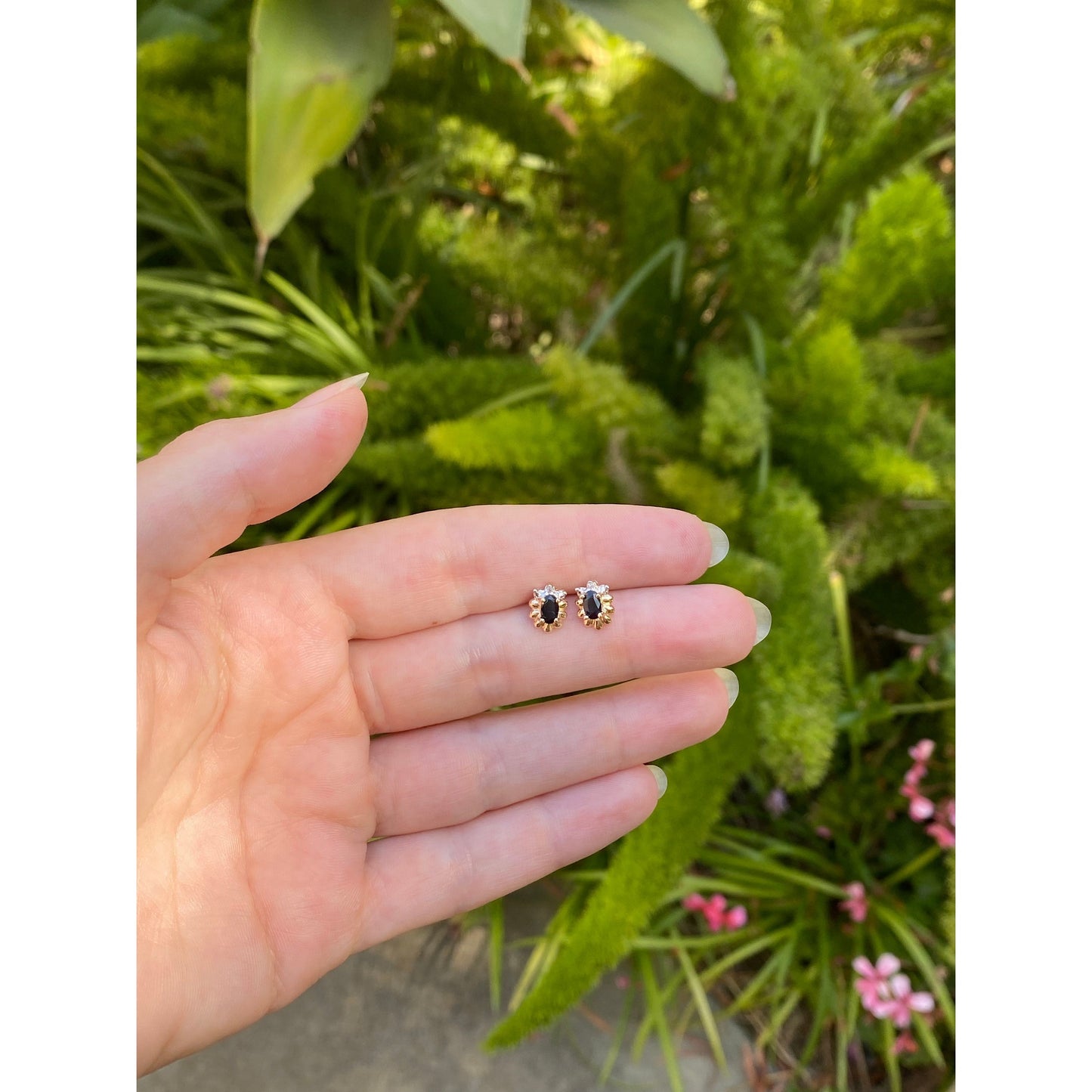 Vintage Solid 10k Yellow Gold Diamond Black Sapphire Stud Earrings