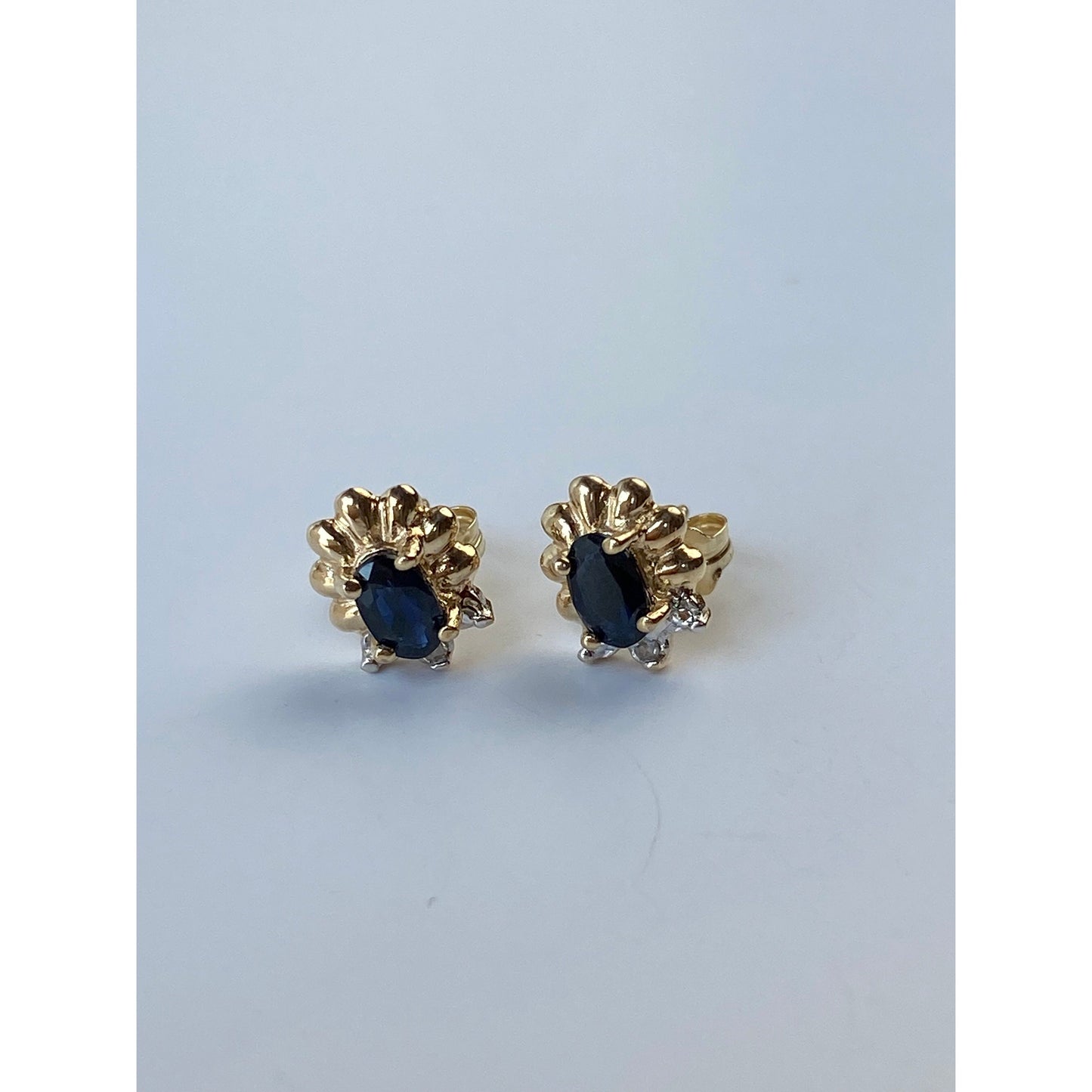 Vintage Solid 10k Yellow Gold Diamond Black Sapphire Stud Earrings