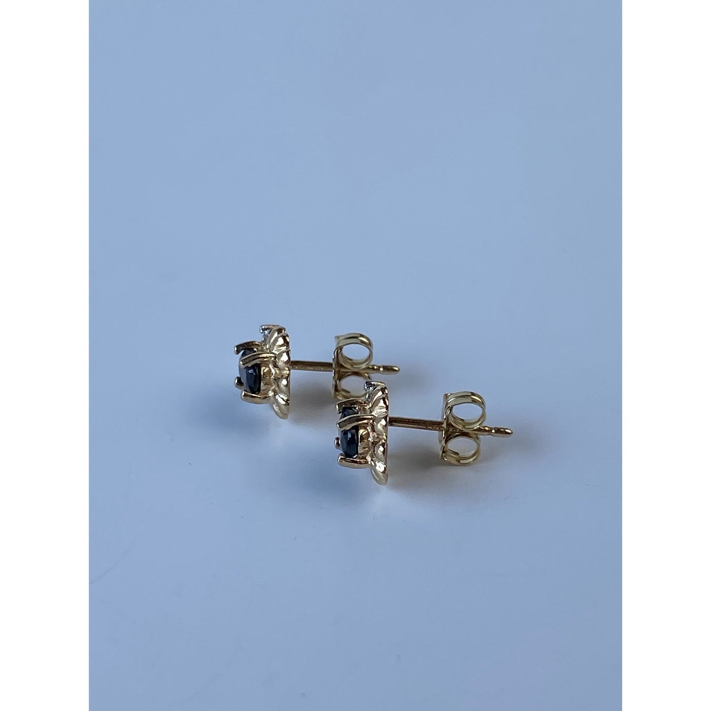 Vintage Solid 10k Yellow Gold Diamond Black Sapphire Stud Earrings