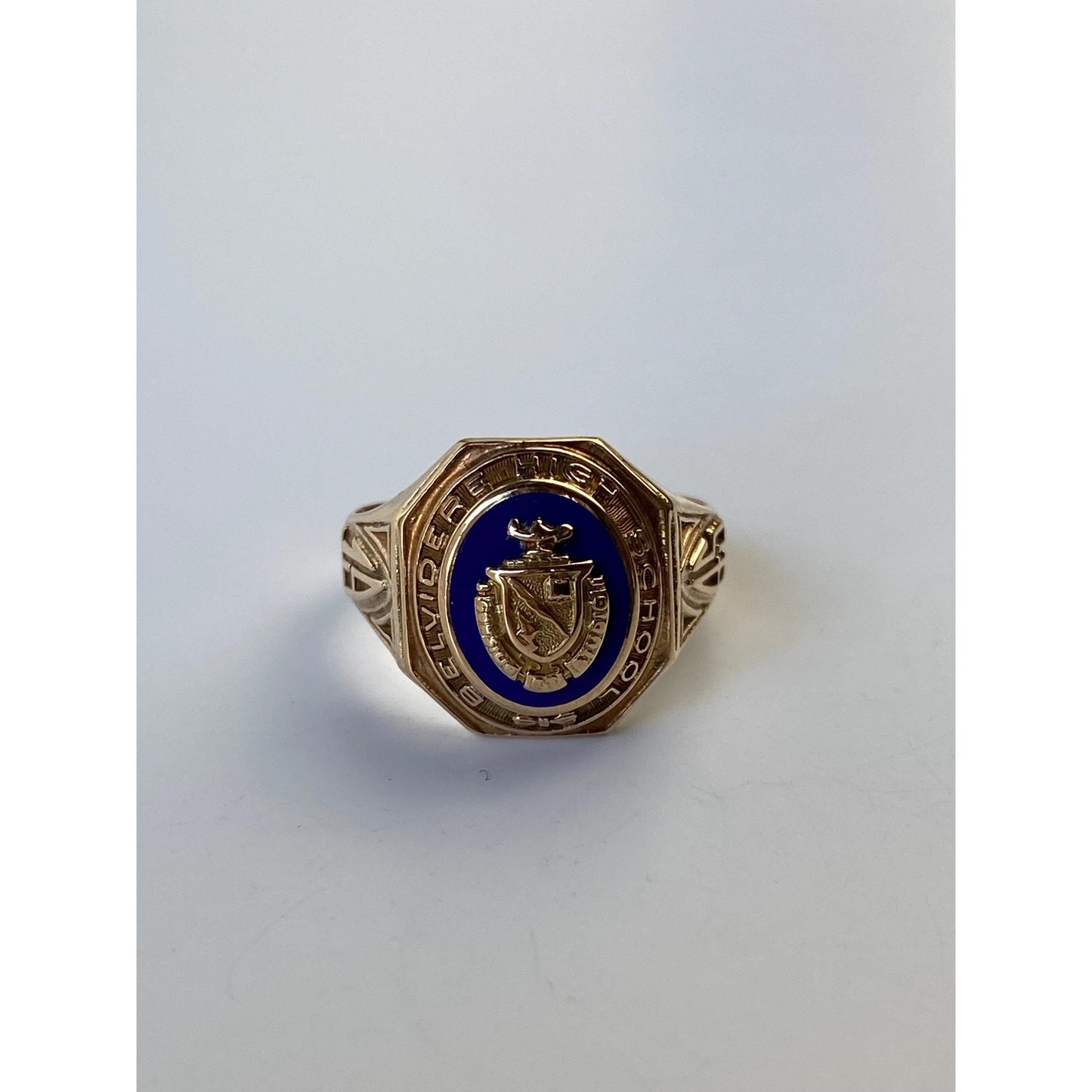 Vintage Solid 10k Yellow Gold Blue Enamel Class Ring - Size 6.25
