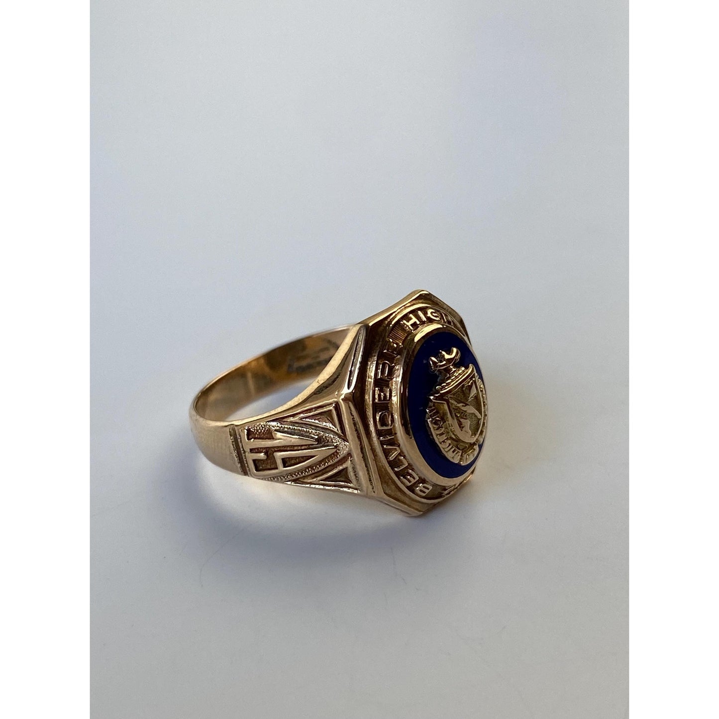 Vintage Solid 10k Yellow Gold Blue Enamel Class Ring - Size 6.25