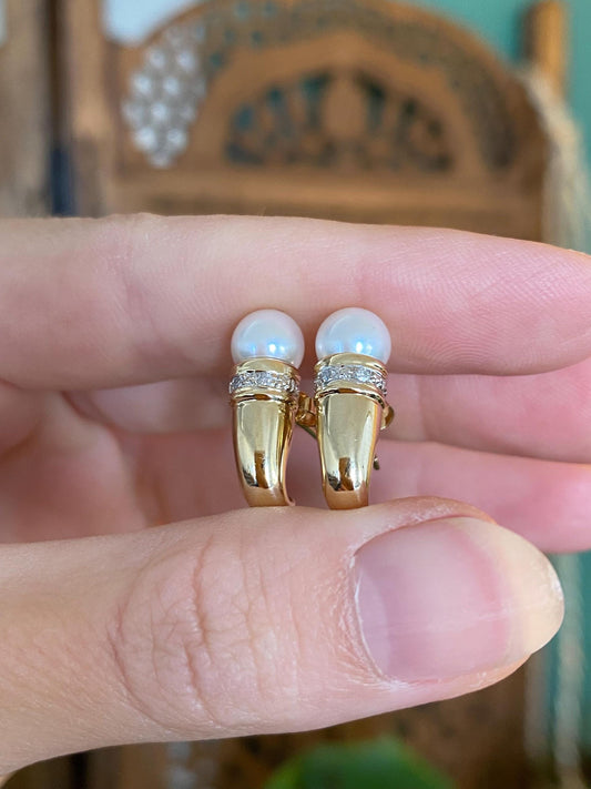 Vintage 14k Yellow Gold Diamond Pearl Talon Drop Earrings