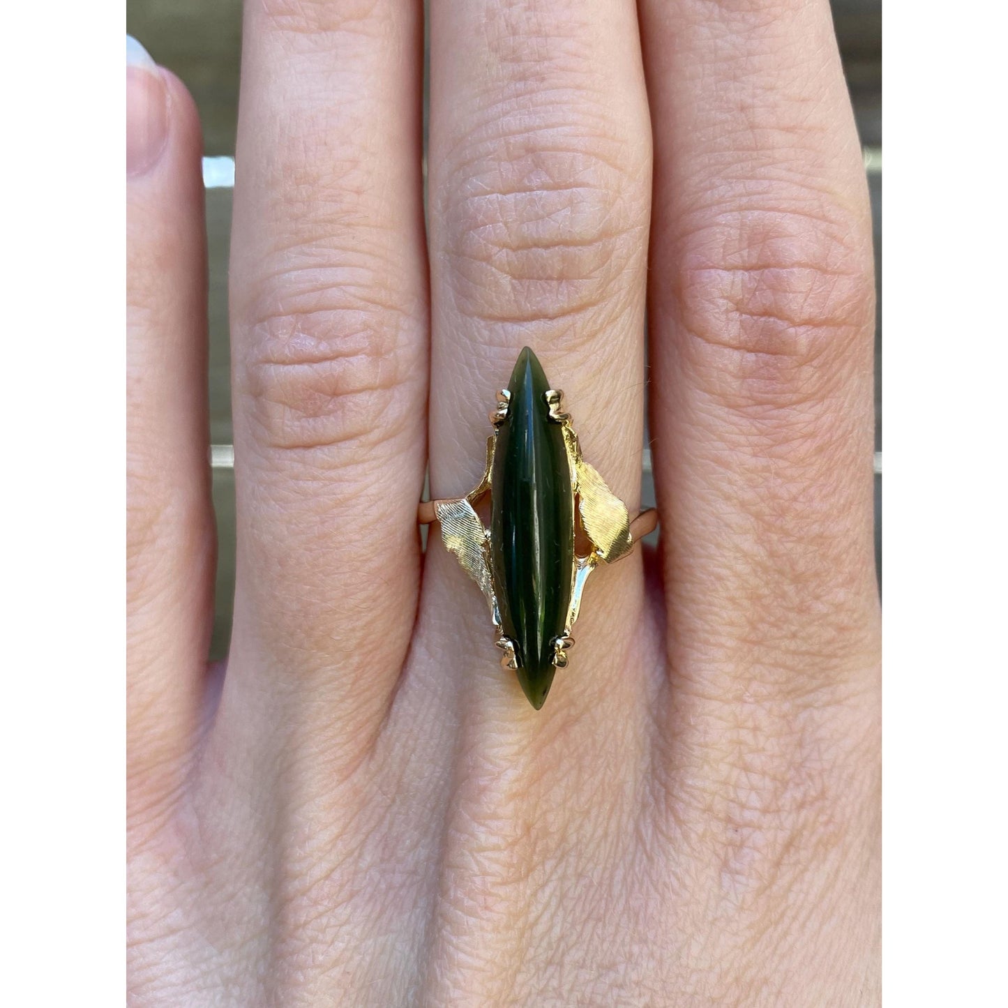Vintage Solid 14k Yellow Gold Nephrite Marquis Ring - Size 7